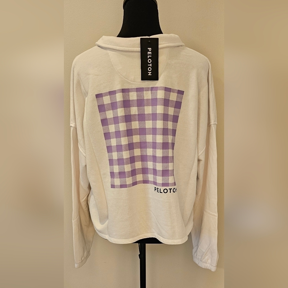 New Peloton Polo Sweatshirt Pullover – White with Lilac Gingham Graphic Size XL - Picture 3 of 7